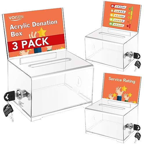 VOISEN Clear Donation Box with Lock,3 Pack Ballot Box with Sign Holder,Tip Jar for Fundraising, Voting Boxes with Slot for School,Conference 6.2x4.6x3.9 Inch