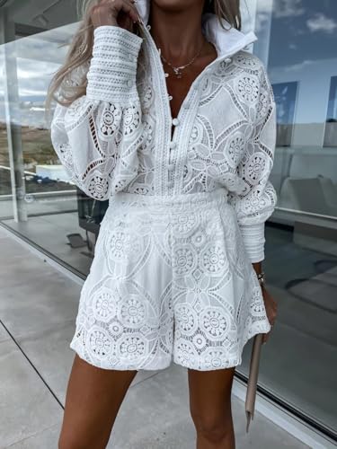 utcoco Womens 2025 Summer Eyelet Lace Two Piece Patterned Long Sleeve Tops Shorts Set3