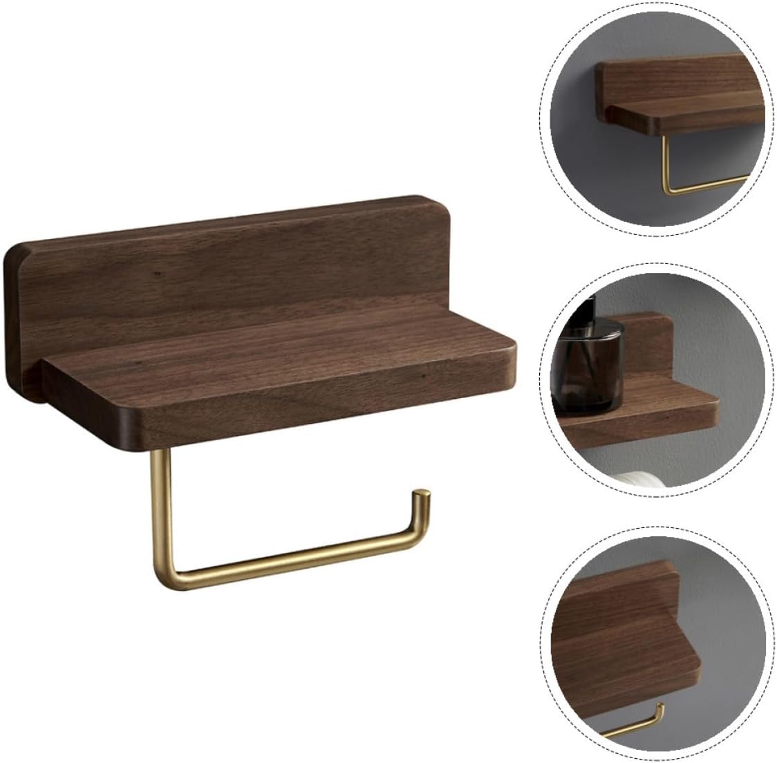 Solid Wood Toilet Paper Wall Holder Rack with Brass Finish, No-Drill Bathroom Tissue Dispenser for Home and Hotel, Single Roll Black Walnut Toilet Paper Holder