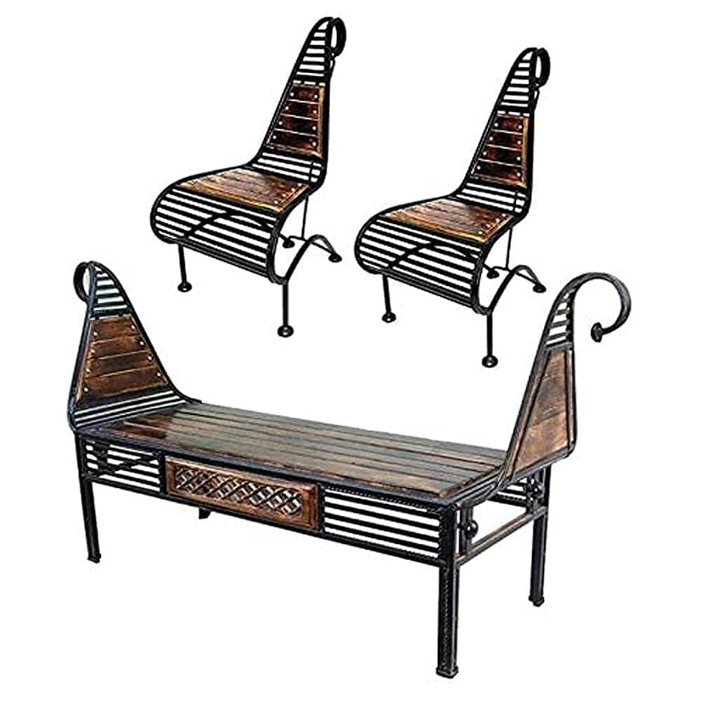 Habiba Arts Store Wood & Wrought Iron Seating Table Bench Chair for Indoor Outdoor Garden (Set of 3)