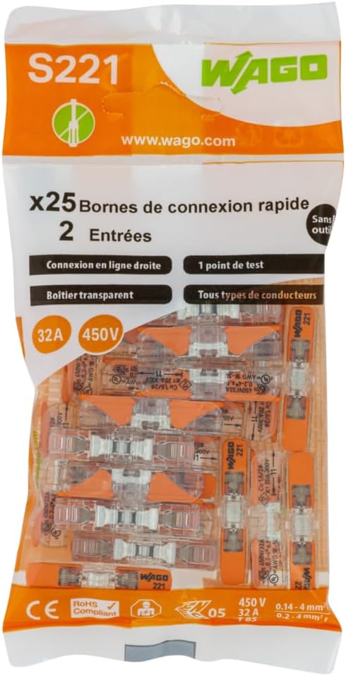 WAGO - S221 2 Inline Input Terminals, 25 Positions, Transparent, Clamp, Plastic, Panel Mount, 32A, 405V