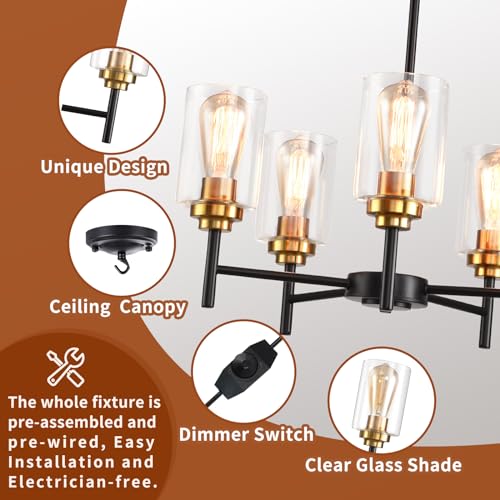 HOXIYA DIMMABLE PRE-Wired Plug in Chandelier with Clear Glass Shade Cord, 5 Light Modern Island Farmhouse Light Fixture, Black and Gold Pendant Ceiling Hanging Lighting for Dining Room by HOXIYA - Image 5