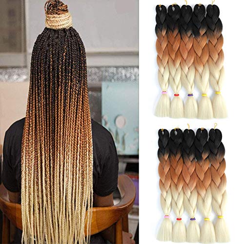 SYbeauty Ombre Braiding Hair 24inch 10Pcs/Lot Kanekalon Braiding Hair Extensions Jumbo Braids Synthetic Hair for Braiding (24", Black-Brown-Blonde)