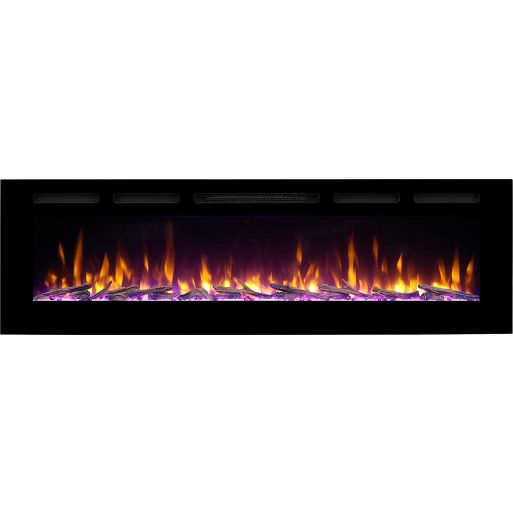 RICHFLAME Recessed Electric Fireplace - Bella 68 Inches for 2 X 6 Stud, 14 Fuel Bed Colors - Realistic 4 Flame Colors, 1500/750 Watt Heater, Thermostat and Timer Set by Remote, Log - Crystal, Black