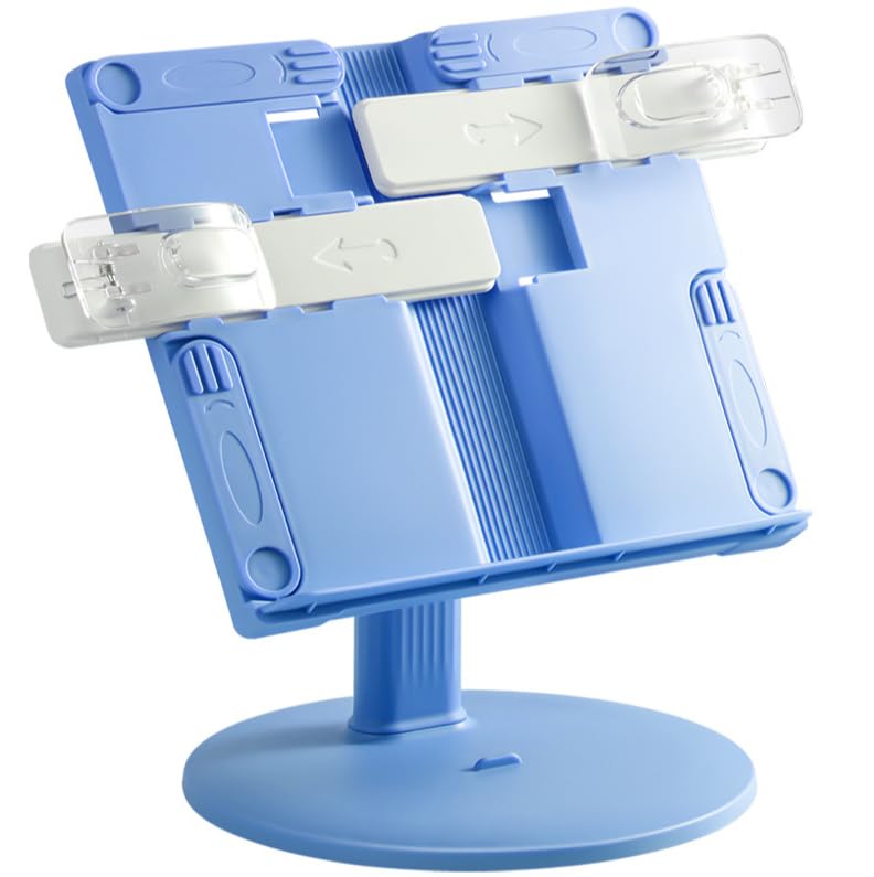 Leggio regolabile in altezza e pieghevole, leggio per libri e tablet, angolo regolabile 0-145°, reggilibri con morsetti laterali per scuola, ufficio, cucina, ergonomico e antiscivolo, blu
