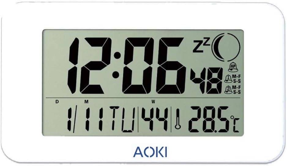 AOKI Large Wall Clock for Living Room Radio Controlled Digital Table Desktop Clock UK Auto Set Up with Moonphase Day Date Month Week Number 12 24 Hour Dual Alarm Snooze Timer Temperature Clocks White