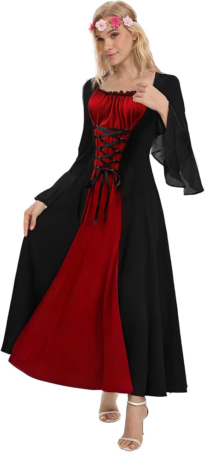 Renaissance Costume for Women, Medieval Dress with Trumpet Sleeves,Gothic Dress Ladies for Halloween Carnival - Image 2