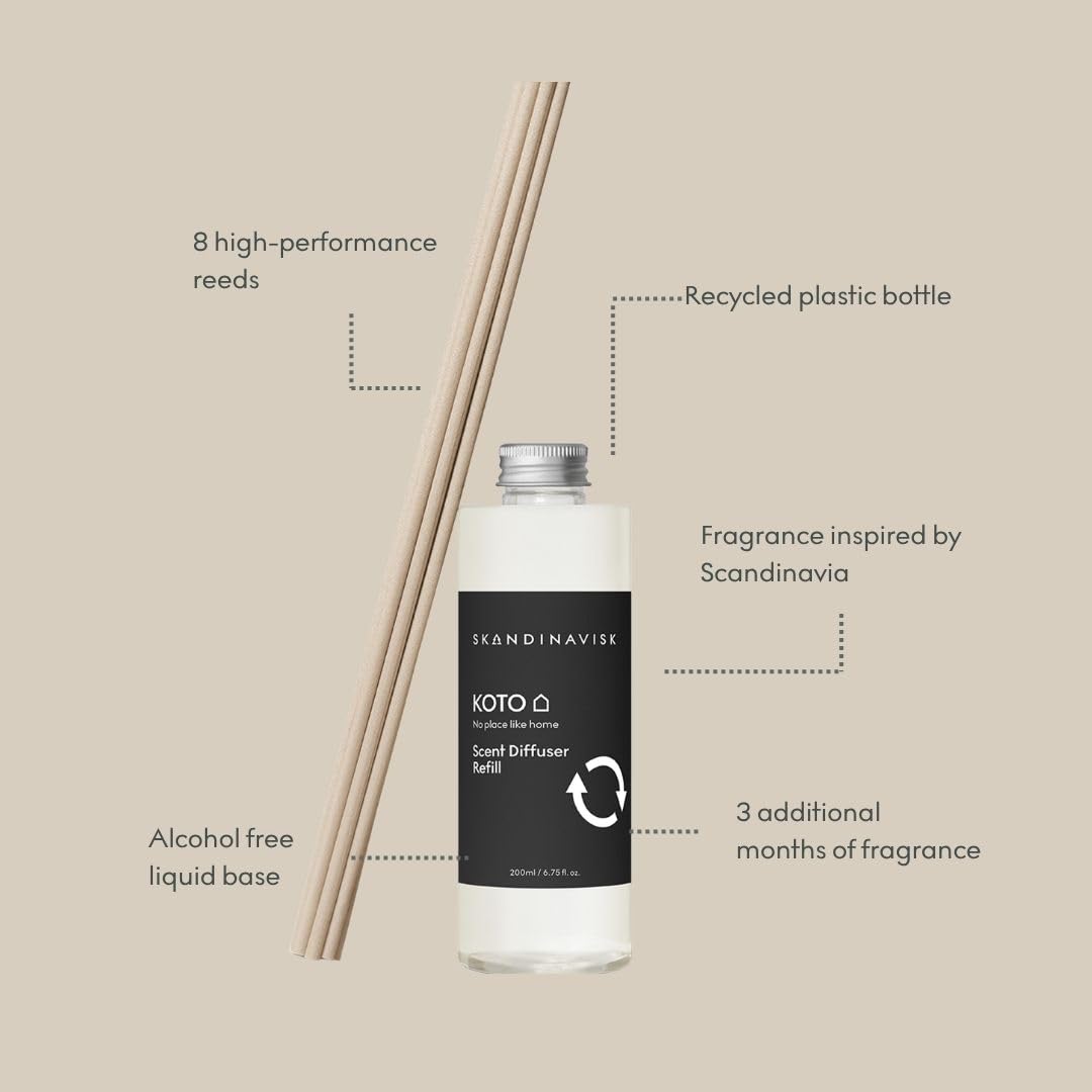 Skandinavisk KOTO 'Heimat' Duftstäbchen Diffuser Nachfüllung mit 8 Stäbchen. Duftnoten: Vanille, getrocknete Orangen, Bernstein und Leder. 200 ml.