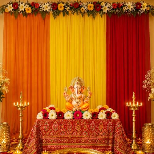 Image of SpecialYou Ganpati Decoration Setup for Home, Backdrop Cloth for Decorations Pooja, Back Drop Curtain for Decorations, Wall Decor Items for Living Room, Ganpati Decoration Item- 6 Pcs