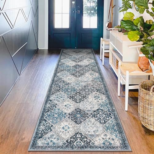 KILOCOCO 2.6x10 Runner Rug, Moroccan Super Soft Washable Hallway Entryway Rug, Accent Print Faux Wool Kitchen Runner 10 Ft Non-Slip Boho Carpet for Laundry Bedroom, Blue/Multi