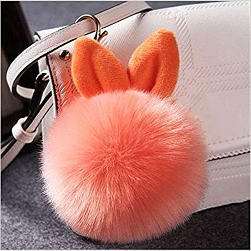 Spaufu Key Ring Fluffy Pendant Pom Pon Keychain Novelty Rabbit Ear Car Key Ring Backpack Handbag Hanging Ornaments for Women Lady Girl Orange