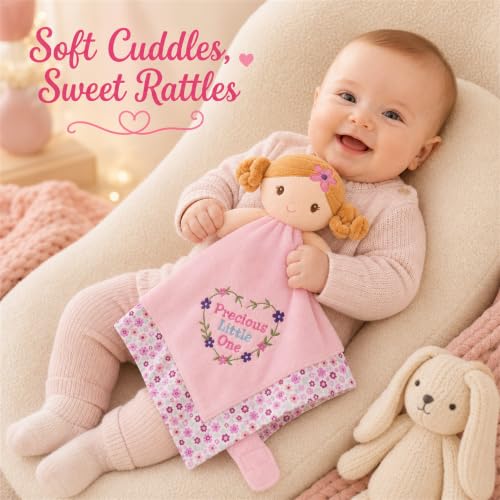 Image of June Garden Lily Baby Lovey Blanket for Girls, 15 x 15 in Soft Security Blanket with Toy Attachment Strap