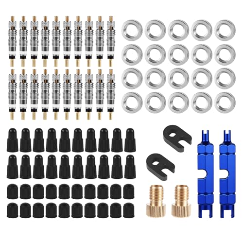 Image of Tinoaly Valve Core Repair Kit, Includes Brass Valve Cores, Caps, Removal Tools, Wrenches, Converters & Nuts, Bike Tire Rebuild Kit Compatible with Presta & Schrader for MTB, Road Bikes, Car Tires