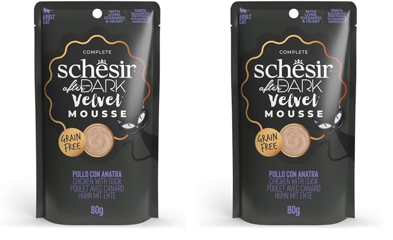 Schesir After Dark - Sabor de Pollo con Pato en Mousse, alimento húmedo Completo para Gatos Adultos (12 Bolsas de 80 g) (Paquete de 2)