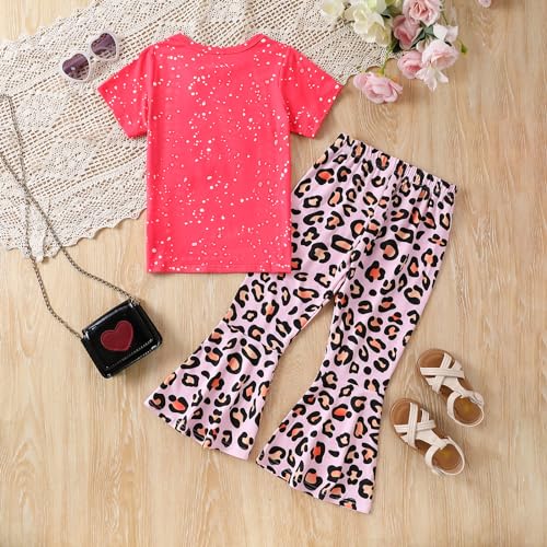 Image of Ayzozuy Kids Toddler Girl Clothes Letter Print Graphic Top + Leopard Print Flare Leg Pants 2PC Summer Clothing Set