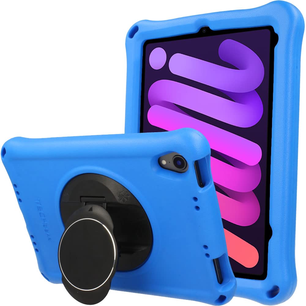 TECHGEAR Bumper+ Case For iPad Mini 7/6 (7th / 6th Generation) 2024/2021 Rugged Shockproof Soft Protective Easy Grip Body Case with Stand, Hand Holder, Screen Film, Kids Proof Case [Blue]