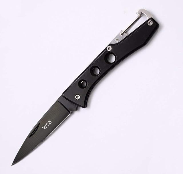 Deluxe UK Legal Non-Locking EDC Folding Wharncliffe Pocket Knife with Black Steel Ambidextrous Handle 2.5" Blade & Carabiner Hanging Clip