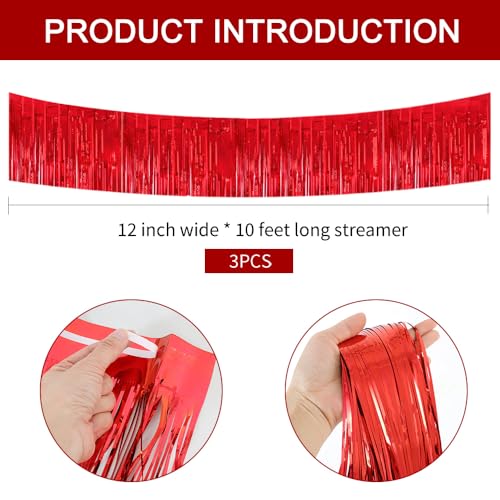 Image of BEISHIDA 3 Packs 30 Feet Metallic Foil Fringe Garland Tinsel Streamers，Shiny Red Wall Hanging Tinsel Fringe Banners for Wedding Birthday Party Decoration Halloween Christmas New Year