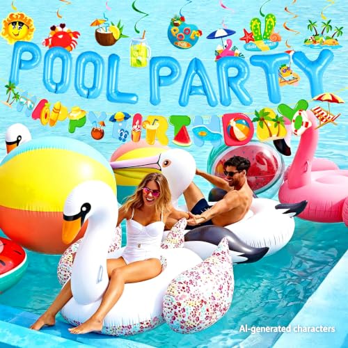 Image of Summer Pool Beach Hanging Swirls 9 Pack Ceiling Hanging Swirls Pool Party Balloons Swimming Pool Birthday Party Banner Beach Party Balloons