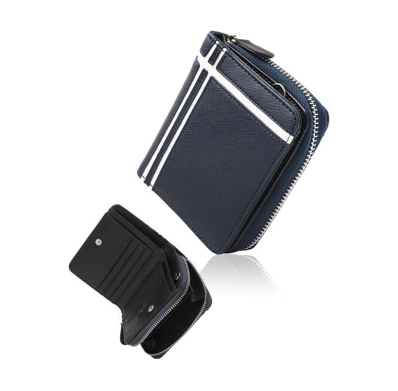 Daylight DL-1042 Bi-fold Wallet for Kids, Junior High & High School Students, PU Leather, Compact Round Zipper, W-Line Design, Durable & Lightweight Men's Wallet (Navy/White)
