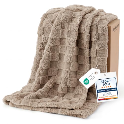 Bedsure Checkered Soft Cozy Throw Blanket for Couch, Light Brown,50"×60"
