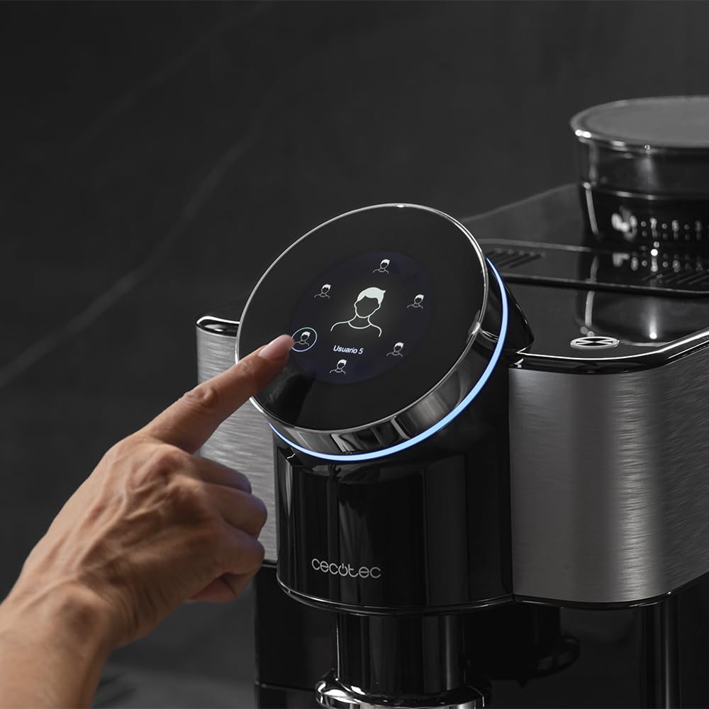 Cecotec Cafetière tactile super-automatique Cremmaet Spin. Expresso, 1450W, 15 bars, écran TFT, Thermoblock, nettoyage auto, réservoir 290g café, 1,5L d'eau, 600ml lait.