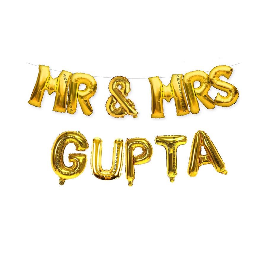 Image of AR GIFTZADDA inchMr and Mrs Gupta inch Letter Alphabet Foil Balloon Golden Kit, Welcome Home Theme Party, Anniversary Foil Balloons, Just Married Welcome Balloons Decoartion (Mr & Mrs Gupta)