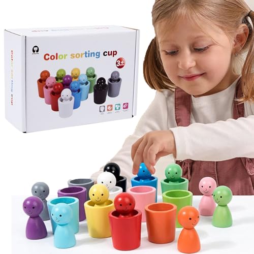 Colour Sorting Cups,Peg Dolls In Cups,Wooden Learning Sorting Toys,Kids Color Recognition Playset,Matching Games Color Sorting Toys Toddler,Plaything For Kids 3+ Years Old(1PC)