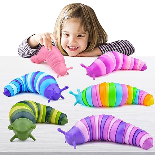 Cevioce 6 Sensory Slug Fidget Toys, Adults & Kids Party Favors, Autism Sensory Toys for 3+ Year Olds - Blue