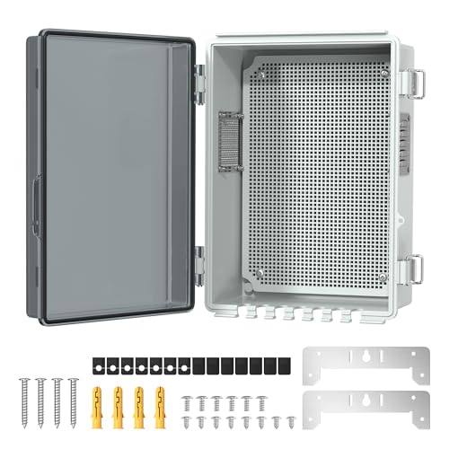Joinfworld Vented Outdoor Enclosure Box, WiFi Enclosure Waterproof Electrical Box 11.8x6.7x5.6 Plastic Clear with Mounting Panel Stainless Steel Dust Screen