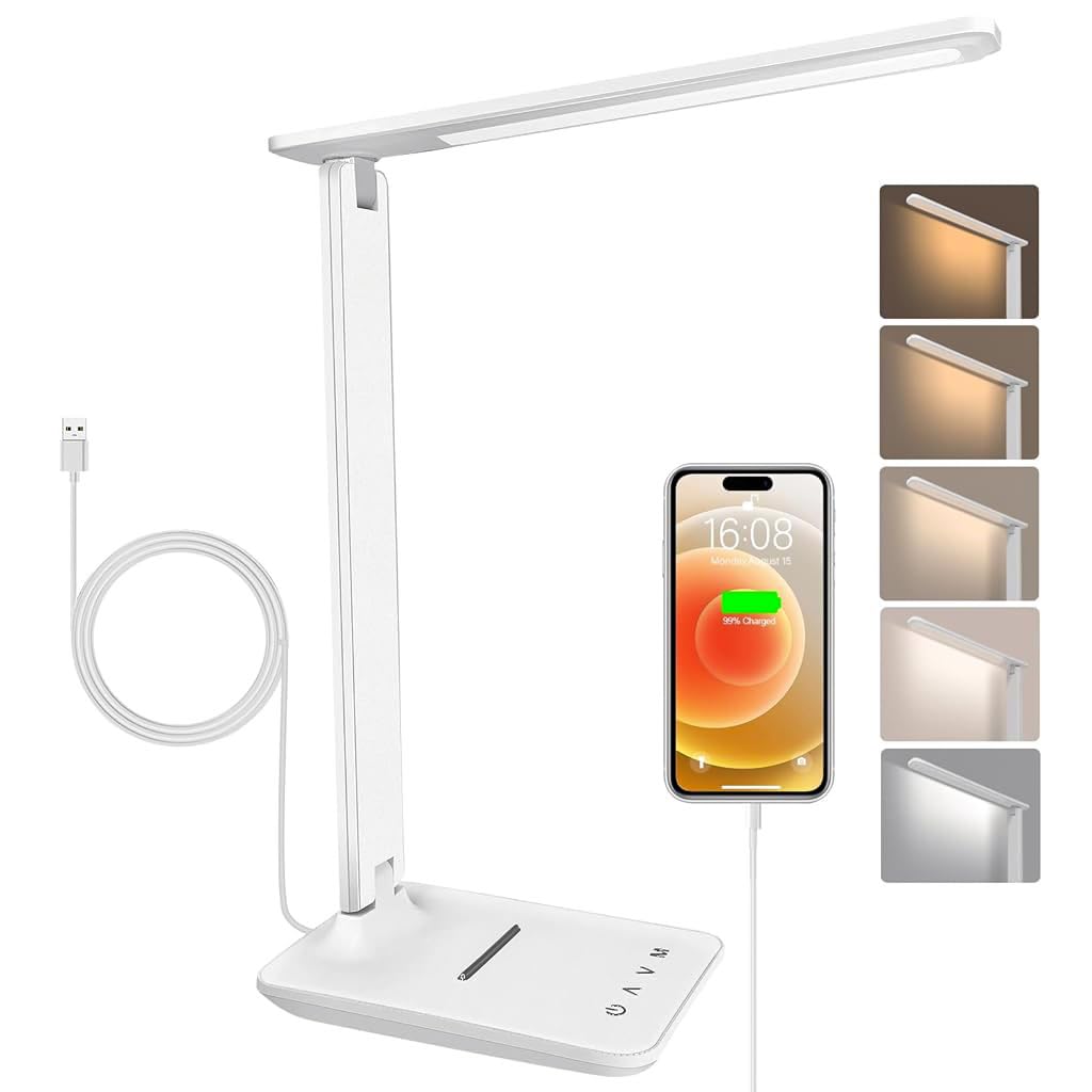 ELEPHANTBOAT® Desk Lamp LED Dimmable Eye Protection, Desk Lamp with 5 Colours and 5 Brightness Levels, Table with USB Charging Port Touch Control for Children Bedrooms Reading Offices (White)-image-9