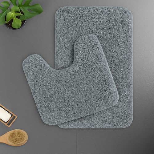 Image of LUXE HOME INTERNATIONAL Polyester Contour Bath Mat - Washable, Anti Skid, Water Absorbent Contour Mats for Bathroom, Toilet, Wash Basin & Bathroom Contour Mat Set (Grey, 45x 75 cm & 40x45)