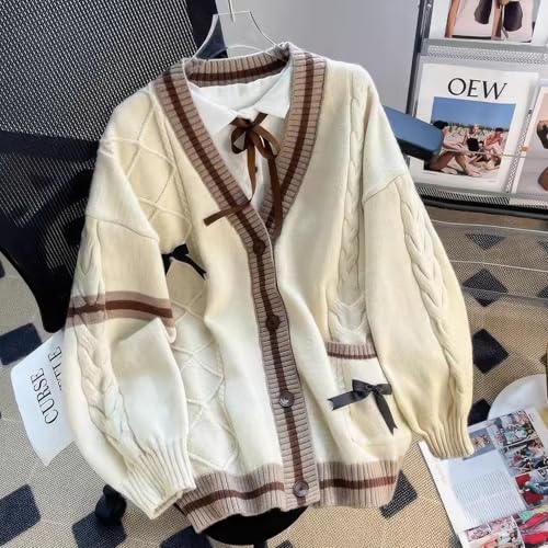 ebossy Womens Kawaii Cute Bowknot Cable Knit Cardigans Sheep V Neck Button Down Slouchy Preppy Wool Blend Sweater Coat2