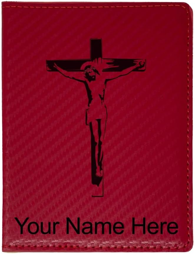 LaserGram Faux Leather Passport Holder, Jesus on the Cross, Personalized Engraving Included (Bamboo)