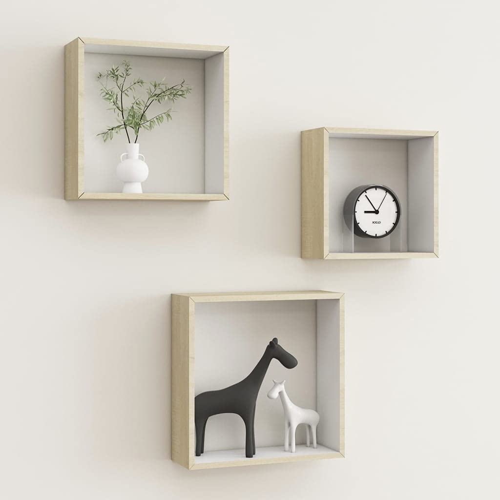 Floating Wall Cube Shelves, zestaw 3 sztuk, białe i dąb Sonoma, niewidoczny system mocowania, nowoczesna dekoracja do sypialni, salonu, biura, 30/27/24 cm