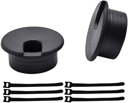 1-1/2 Inch 38mm Black Wire Grommets and Cable Ties Kit ABS Plastic Desk Hole Cover Cord Organizer for Computer Desk Cabinet 2pcs Desk Grommets + 6pcs Reusable Ties
