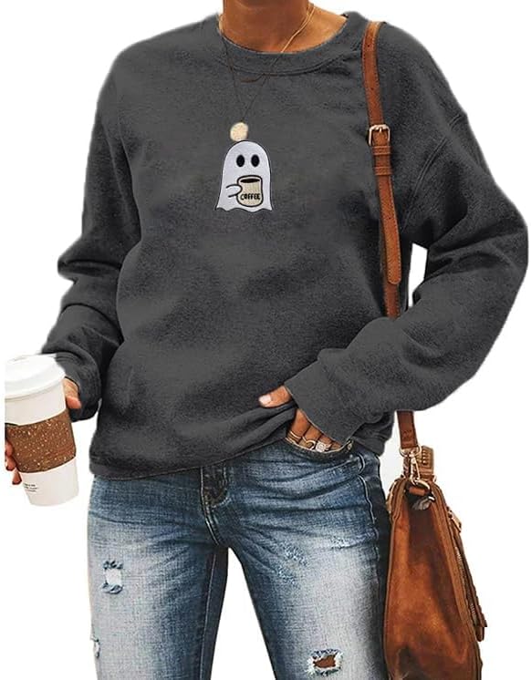 AIIWEIS Halloween Ghost Coffee Sweatshirt Women Embroidered Spooky Long Sleeve Shirt Crewneck Halloween Pullover Top
