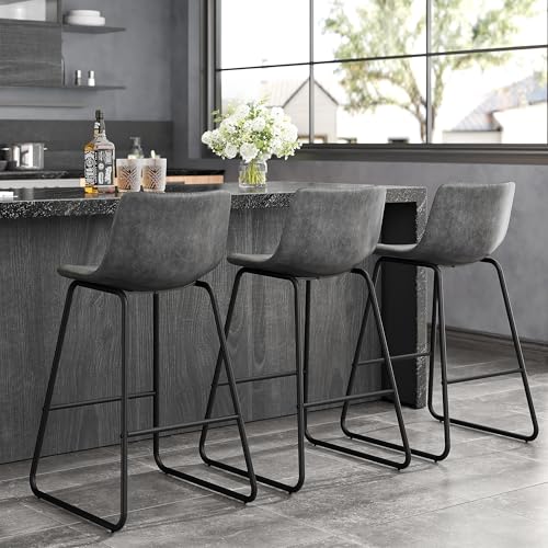 Image of REONEY Bar Stools Set of 2, 26 inch PU Leather Counter Height Barstool, Grey