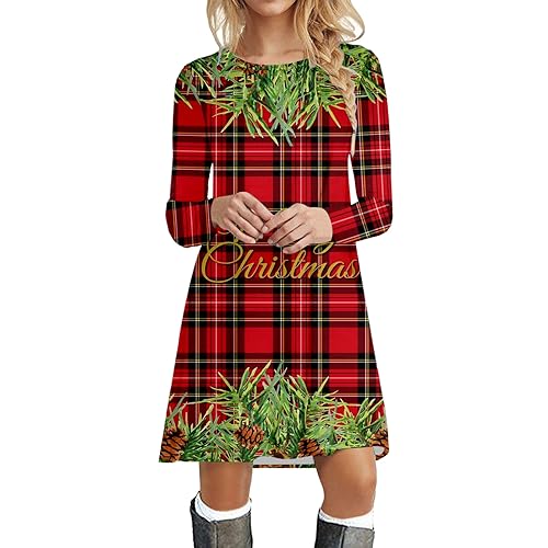 Weihnachtskleider Damen Langarm Kleider, Rundhals Lustig a Linie Knielang Kleid Retro Vintage Partykleid 50er Jahre Druck Weihnachtskleidung...