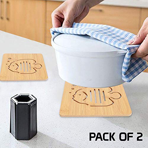 Image of HOKIPO Eco-Friendly Bamboo Wooden Coasters for Home Pan Pot Holder for Dining Table Heat Pad for Kitchen - Pack of 2 (AR2820-D2)