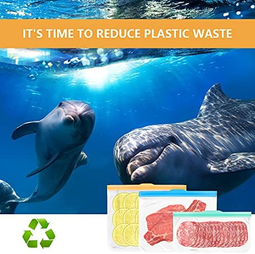 Exllena Reusable Silicone Freezer Bags + Freezer Labels, Reusable Food Bags BPA Free, Eco-Friendly and Leakproof Ziplock Bags with Triple Zip Closures-12 Packs