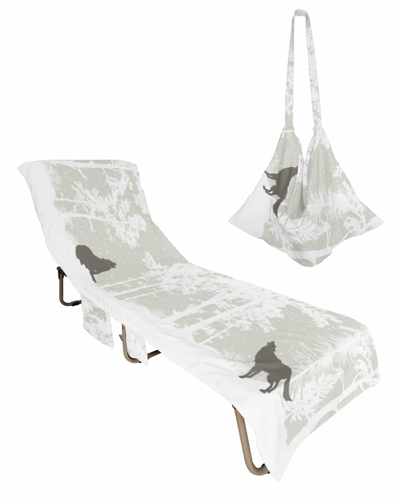 Winter Wolf Beach Chair Towel Covers for Chaise Lounge with Side Pocket, Soft Plush Pool Towels Cover for Patio Sunbathing Outdoor 29''x85'' Forest Snowy Tree Wild Animal Scenic