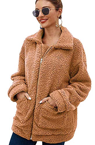 Womens Fashion Long Sleeve Lapel Zip Up Faux Shearling Shaggy Oversized Coat Jacket with Pockets (Camel,M)