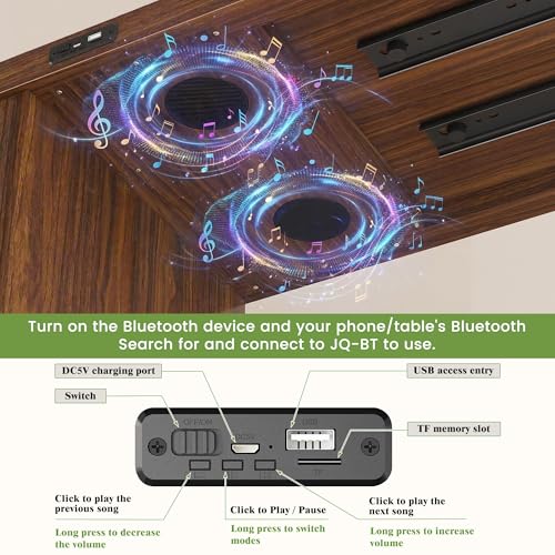 Image of 69 inch Kitchen Island with 360 Rotating Table, Bluetooth Speakers, LED Lighting, Adjustable Shelves, Storage Cabinet & Power Outlet - Walnut Finish Extendable Dining Table for Kitchen, Dining Room, Bar