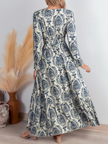 CUPSHE Maxi Dresses for Women V Neck Ruffled Long Sleeve Paisley Smocked Waist A Line Casual Flowy Fall Wedding Guest Dress3