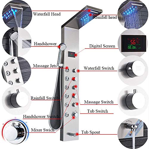 Panel de ducha de acero inoxidable con cabezal lluvia y cascada, pantalla LED, salida para bañera baja y duchador de mano miniatura 2