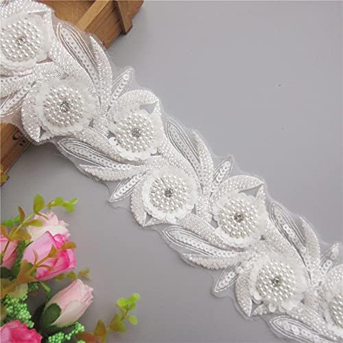 1 Yard White Pearl Beaded Sequins Flower Lace Edge Trim Ribbon 8.5cm Width Vintage Trimmings Fabric Embroidery Applique Sewing Craft Patchwork Handmade Wedding Dress Clothes Decoration