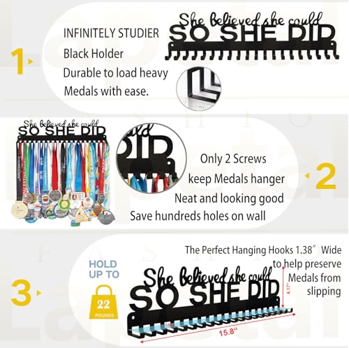 Lapetale Fashion Sports Medal Hanger Display Holder Hook Rack for 60 Medals – She Believed She Could So She Did (16\" Wide with 20 Hooks) - Black- Awesome Gifts - Thumbnail 3