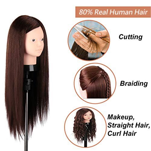 MYSWEETY Mannequin Head with 80% Real Human Hair, 23.5" Styling Training Head Manikin Cosmetology Head Hair Hairdressing Makeup Practice Doll Head with Clamp Holder and Tools