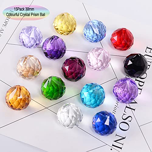 MerryNine Gemischte Bunte Kristallkugel-Prisma mit gebohrtem Loch, Sonnenfänger, Regenbogen-Anhänger, hängende Kristalle, Prismen für Fenster, für Feng Shui, als Geschenk (PrismBall-30 mm, bunt)
